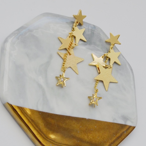 Gold Multi Stars Zircon Drop Earrings Silver Posts - Picture 2 of 4